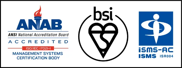 ISMS（ISO/IEC 27001）認証マーク（ANAB / bsi / ISMS-AC）